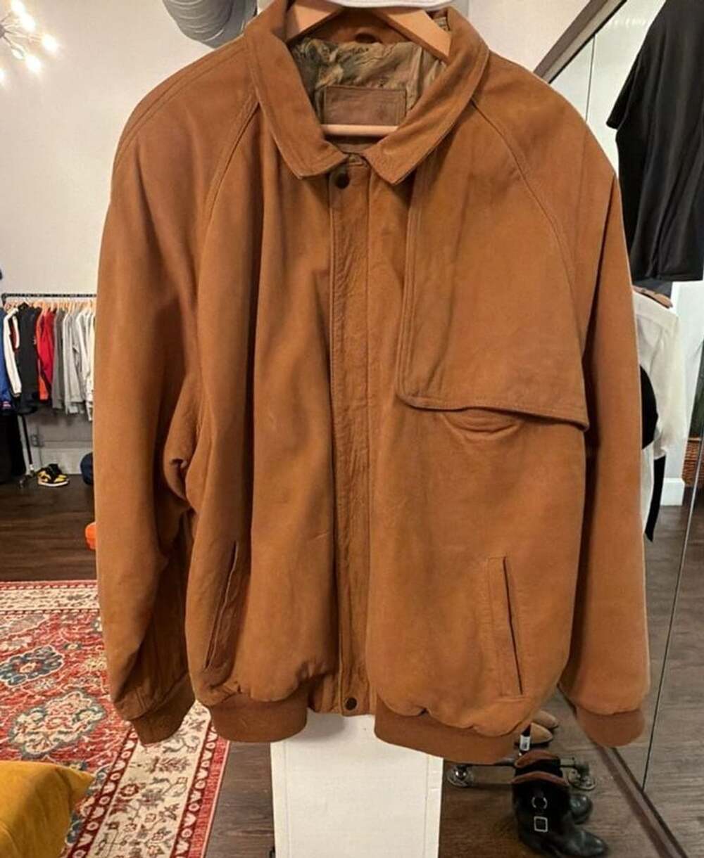 Vintage Marlboro Adventure Team Brown Suede Leather Bomber Jacket Map Lining